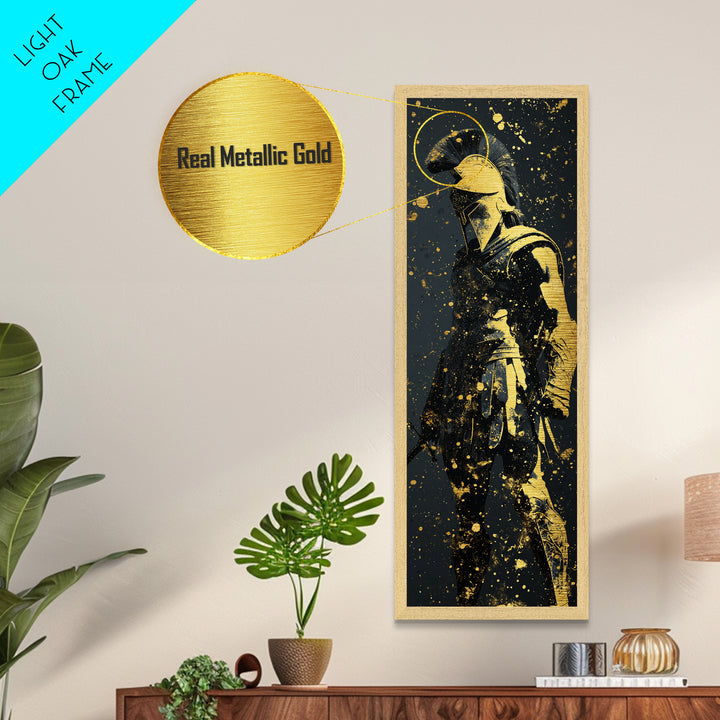 Greek Hoplite Metallic Gold Art, Ancient Spartan Warrior Print, Real Wood Frame, Mythology Inspired Wall Decor For Living Room