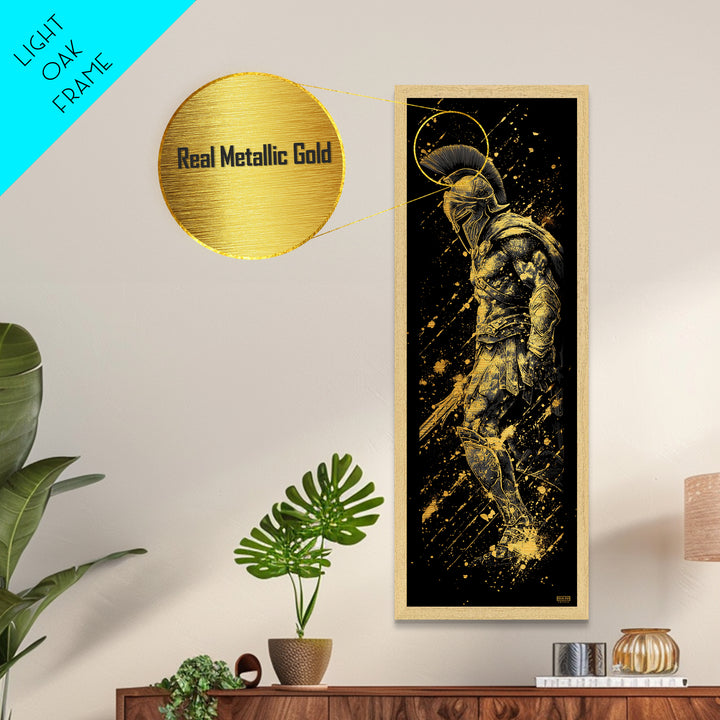 Spartan Soldier With Shield Metallic Gold Metal Print, Ancient Greek Warrior Wall Art, Real Wood Frame, Gold Gladiator Decor