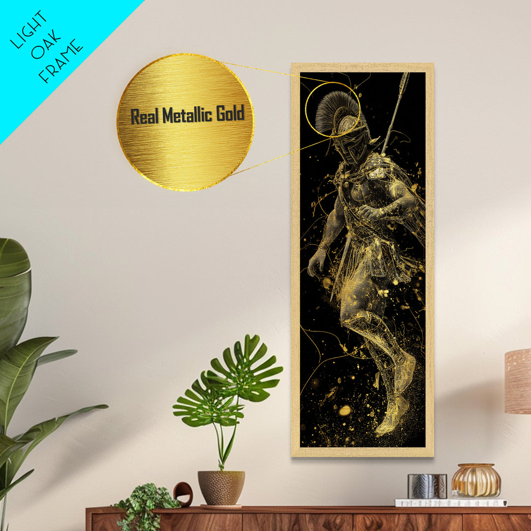 Spartan Helmet Warrior Metallic Gold Art, Ancient Greek Soldier Wall Print, Real Wood Frame, Gold Warrior Mythology Home Decor