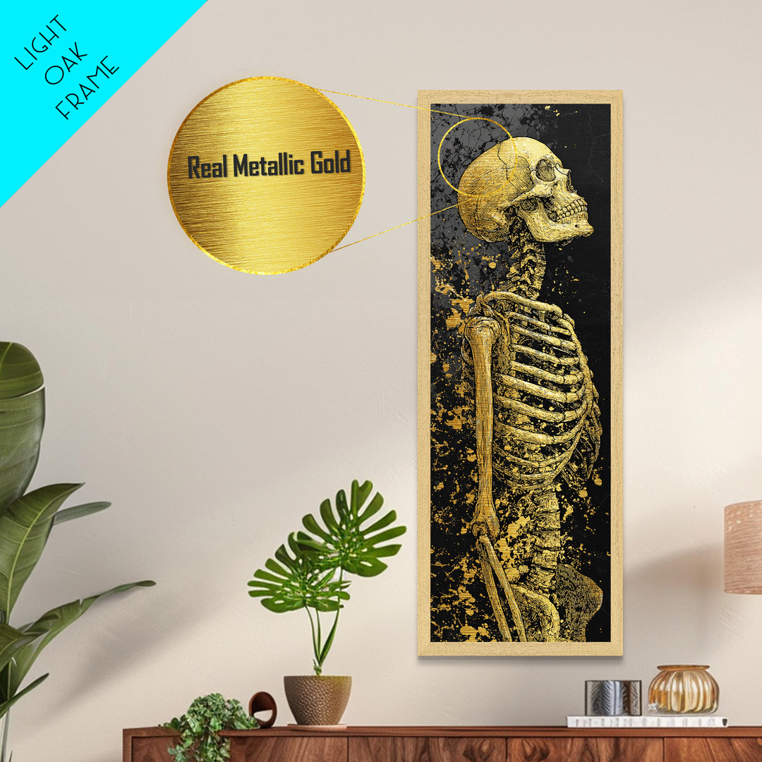 Skeleton Warrior Metallic Gold Metal Print, Gothic Anatomy Wall Art, Real Wood Frame, Gold Skeleton Decor For Dark Home Aesthetic