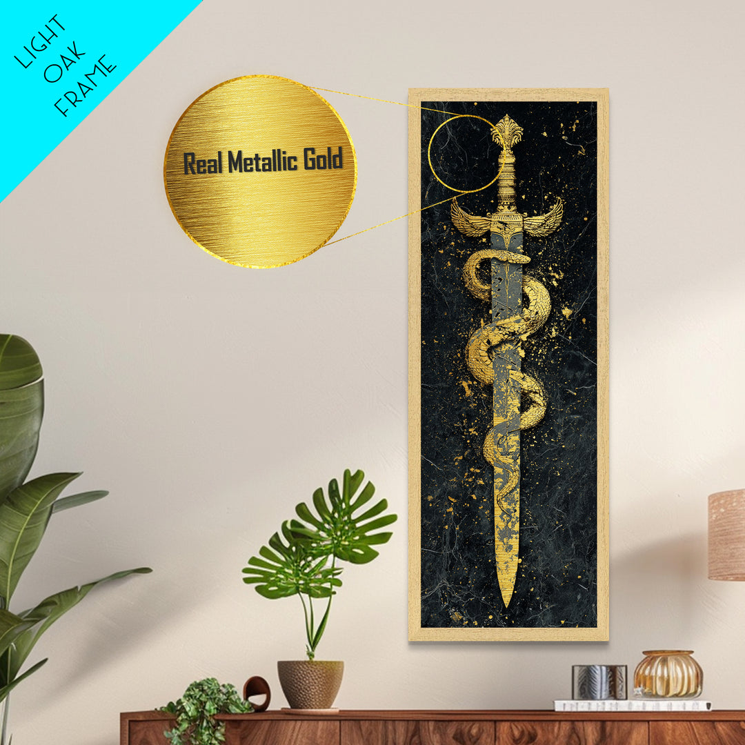 Metallic Gold Metal Print, Sword And Serpent Wall Art, Mythical Weapon Artwork, Real Wood Frame Decor