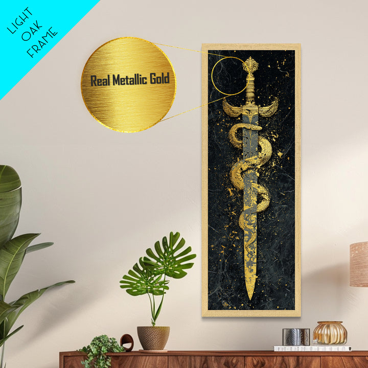 Metallic Gold Metal Print, Sword And Serpent Wall Art, Mythical Weapon Artwork, Real Wood Frame Decor