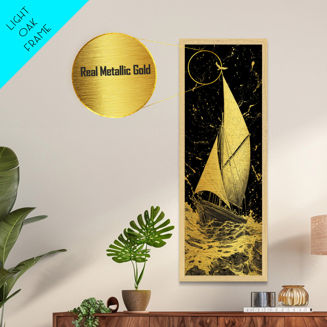 Golden Sailboat Nautical Wall Art, Metallic Gold Painting Print, Wood Framed Wall Art, Sail Boat Painting Print, Metallic Gold Painting