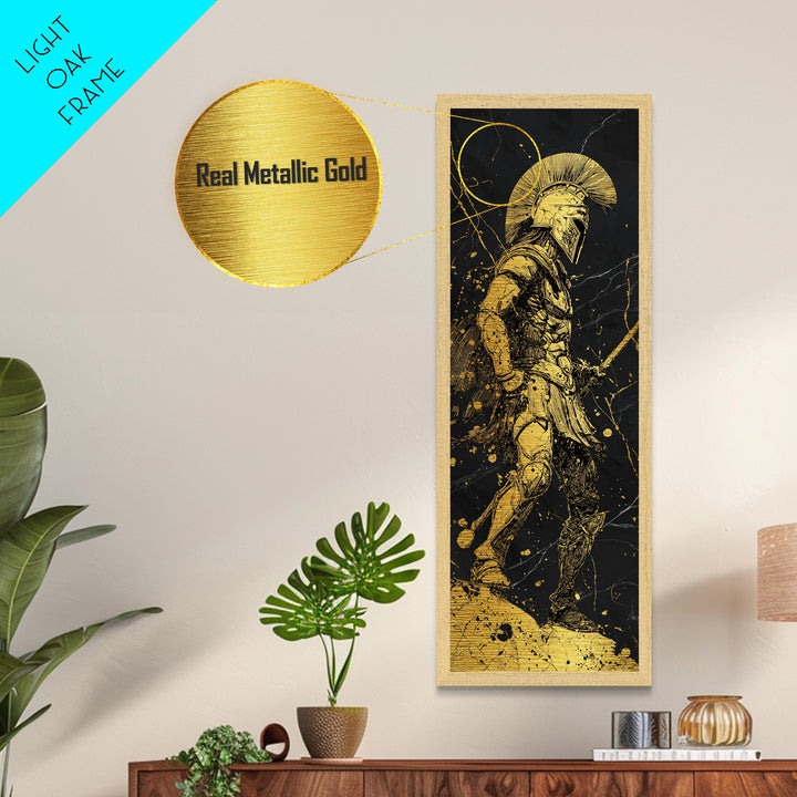 The Spartan Warrior Wood Framed Metal Print, Metallic Gold Art, Black and Gold Marble Background, Gift Idea For Man, Husband Gift