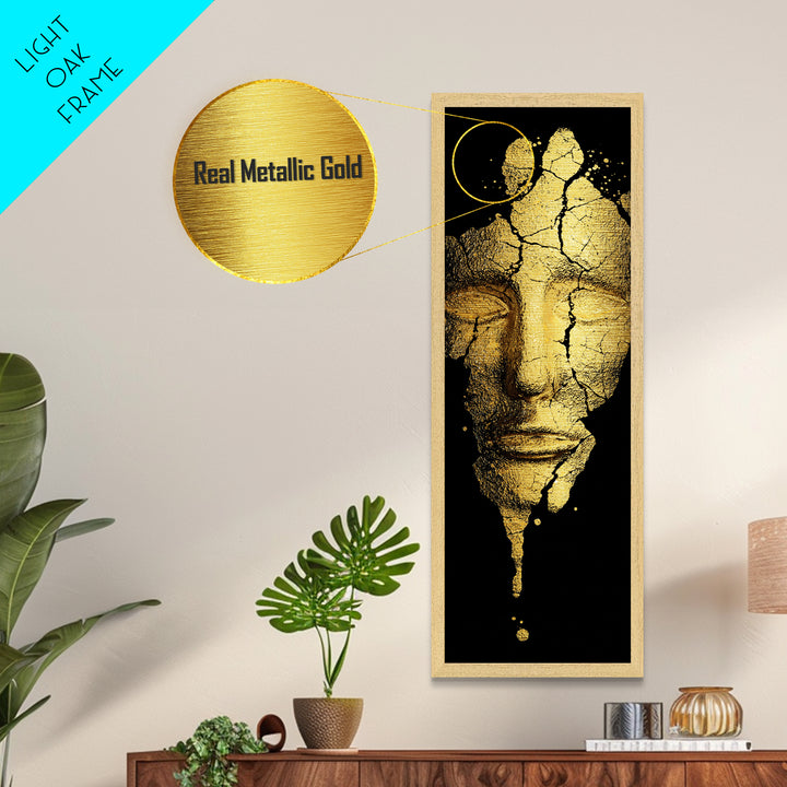 Metallic Gold Metal Print, Cracked Golden Mask Wall Art, Mythical Face Artwork, Real Wood Frame Decor