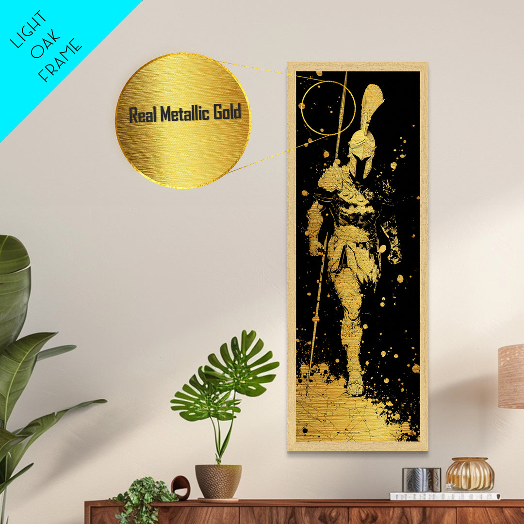 Metallic Gold Art, Greek Warrior Spear Print, Spartan Armor Wall Decor, Real Wood Frame Home Artwork