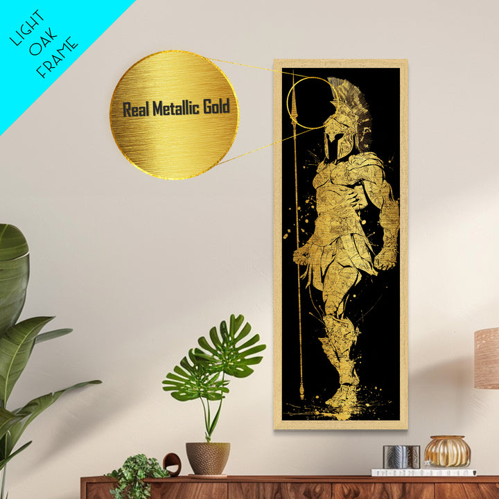 Metallic Gold Metal Print, Spartan Hoplite Warrior Art, Ancient Greece Wall Decor, Real Wood Frame