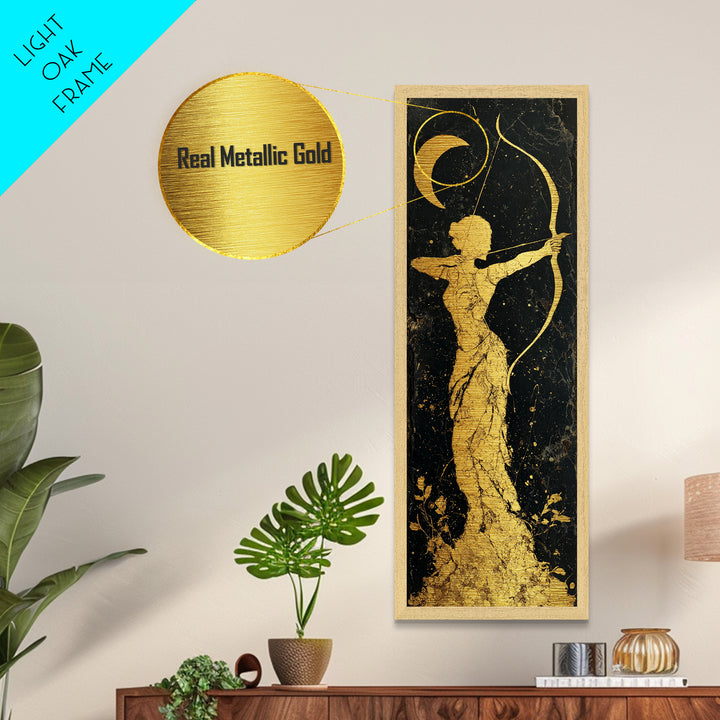 Metallic Gold Art, Artemis Moon Goddess Print, Bow And Arrow Wall Decor, Real Wood Frame Greek Artwork