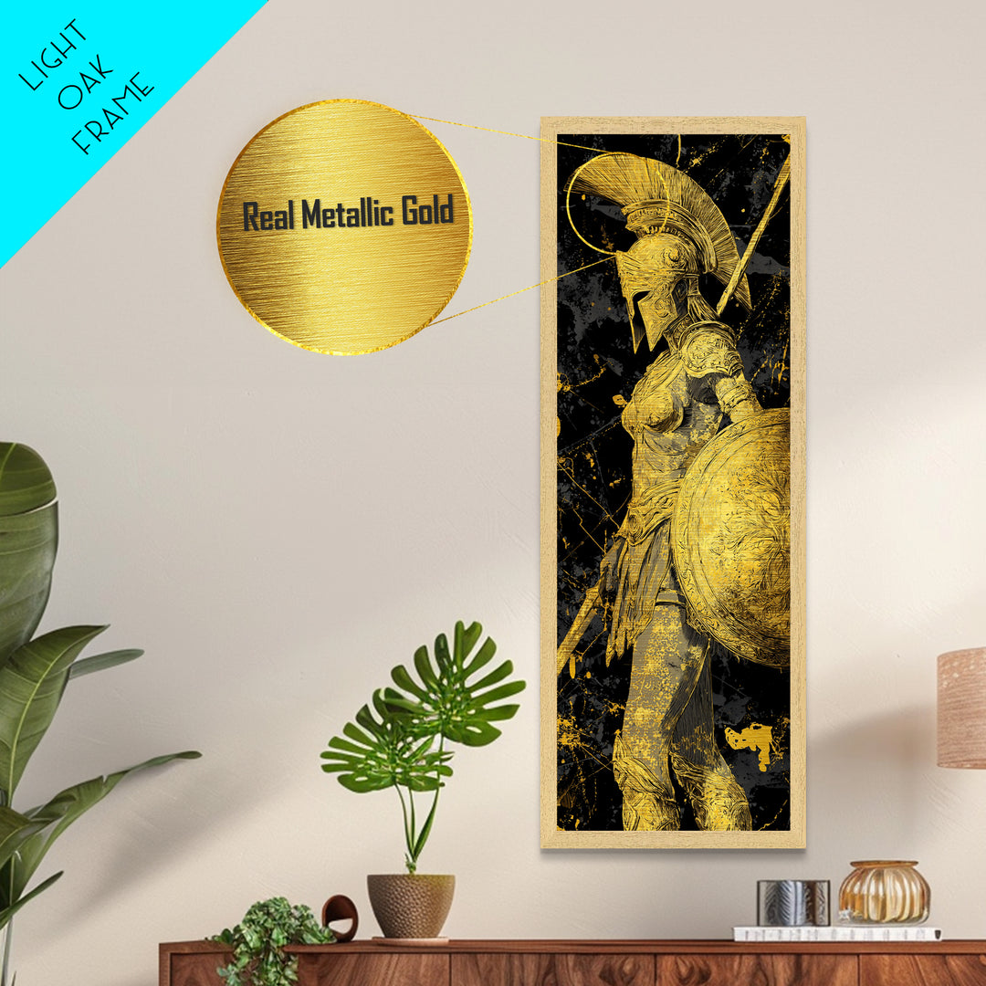Metallic Gold Art, Athena Warrior Goddess Print, Shield And Sword Wall Decor, Real Wood Frame Decor
