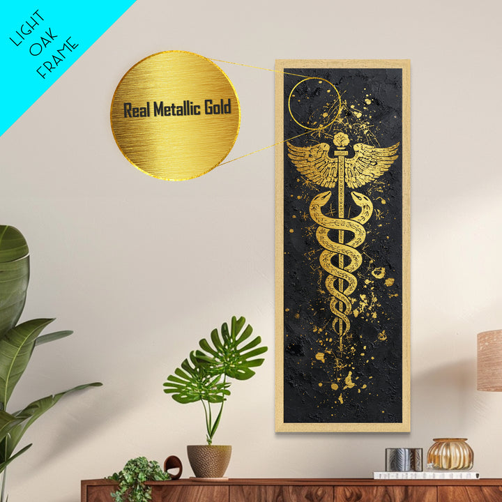 Metallic Gold Metal Print, Caduceus Serpent Staff Wall Art, Hermes Symbol Decor, Real Wood Frame Artwork