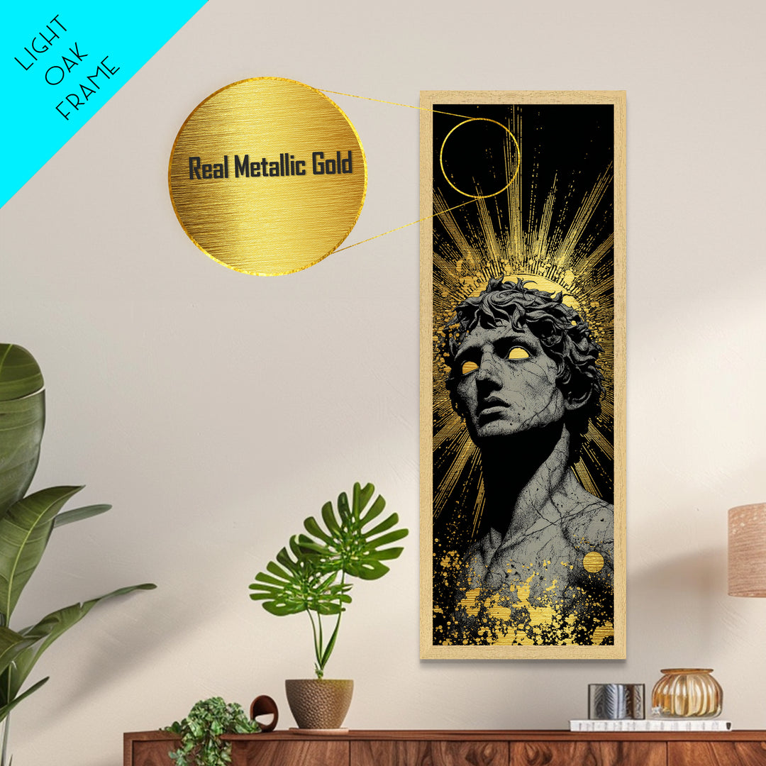 Helios Greek God Metallic Gold Metal Print, Sun God Mythology Art, Radiant Ancient Decor, Real Wood Framed Gold Print