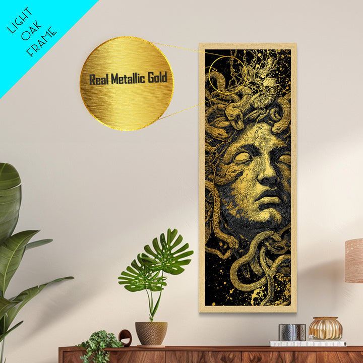Medusa Metallic Gold Art, Greek Mythology Wall Print, Serpent Goddess Decor, Real Wood Framed Gold Mythical Artwork