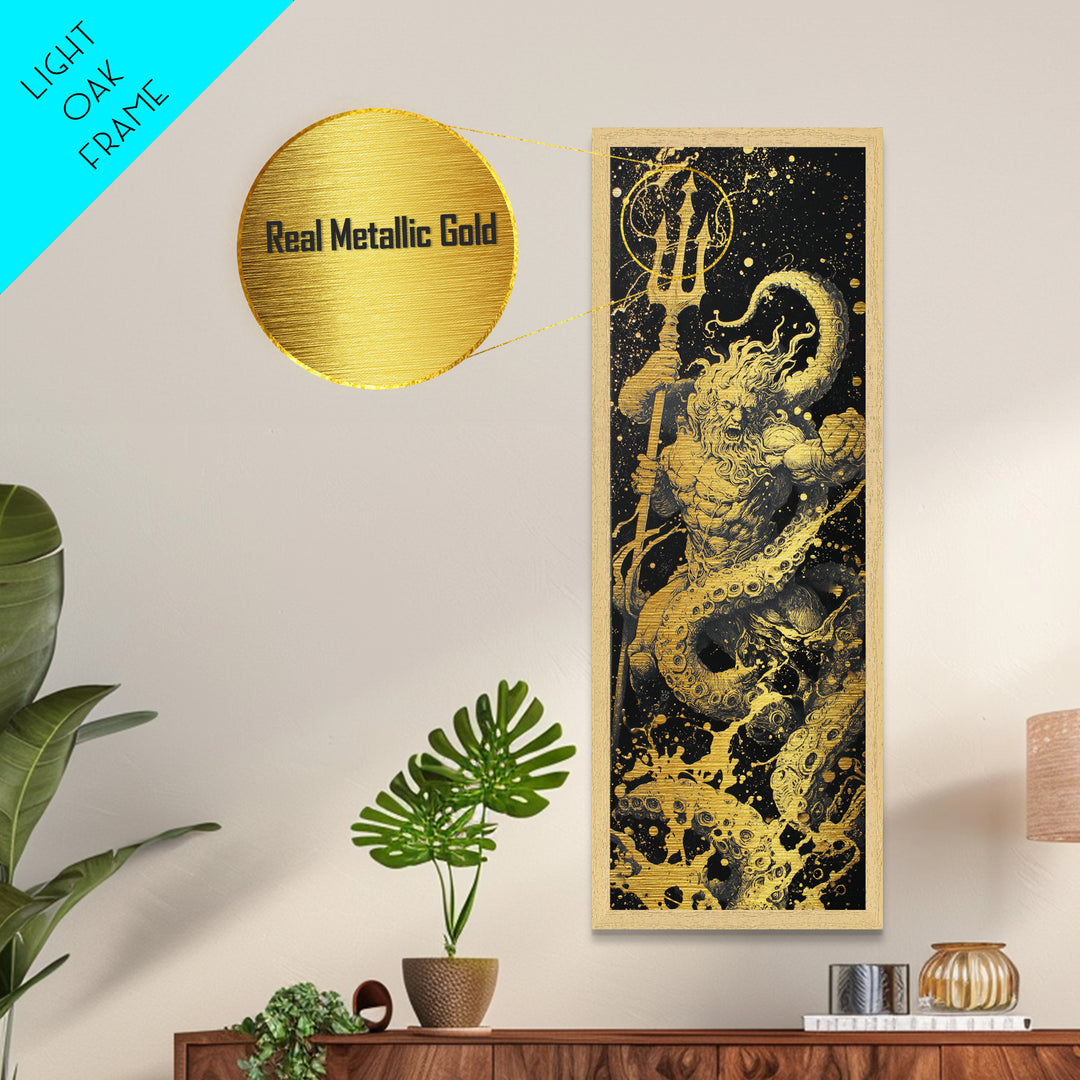 Poseidon Metallic Gold Art, Greek God Of The Sea Metal Print, Mythology Ocean Decor, Real Wood Framed Gold Artwork