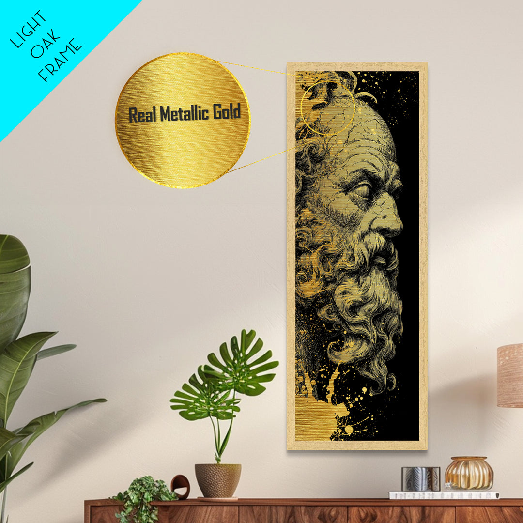 Socrates Metallic Gold Metal Print, Greek Philosopher Wall Art, Ancient Wisdom Decor, Real Wood Framed Gold Artwork