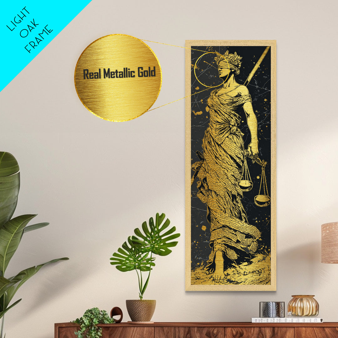 Themis Goddess Of Justice Metallic Gold Metal Print, Blindfolded Lady Justice Wall Art, Scales Of Balance Decor, Real Wood Frame