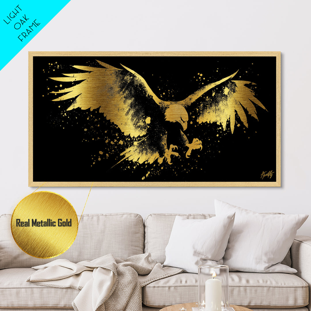 Eagle With Outstretched Wings, Metallic Gold Metal Print, Real Wood Frame, Splatter Art, Majestic Bird Wall Decor