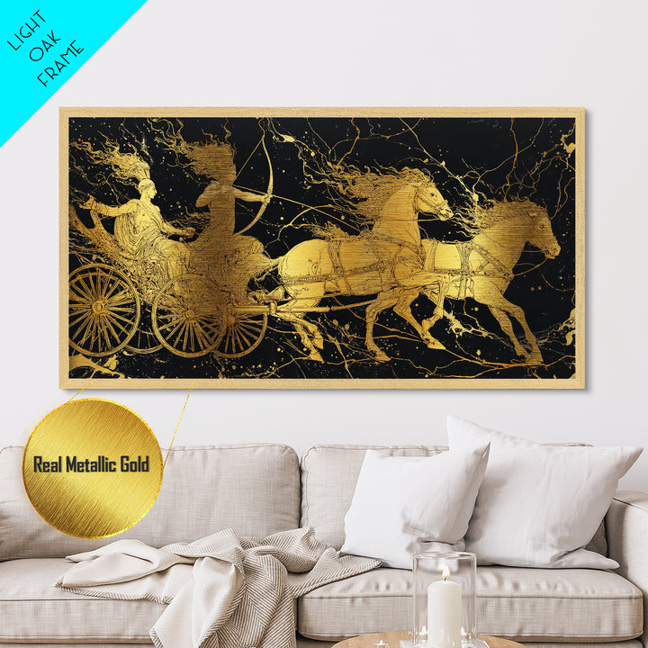 Greek Chariot Scene, Metallic Gold Art, Real Wood Frame, Mythology Inspired Wall Decor, Warriors And Horses Print