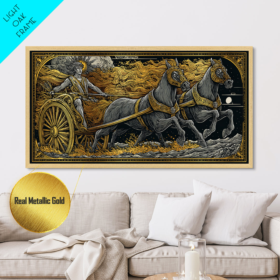 Chariot Of The Sun God, Metallic Gold Metal Print, Real Wood Frame, Mythology Wall Art, Horse And Chariot Artwork