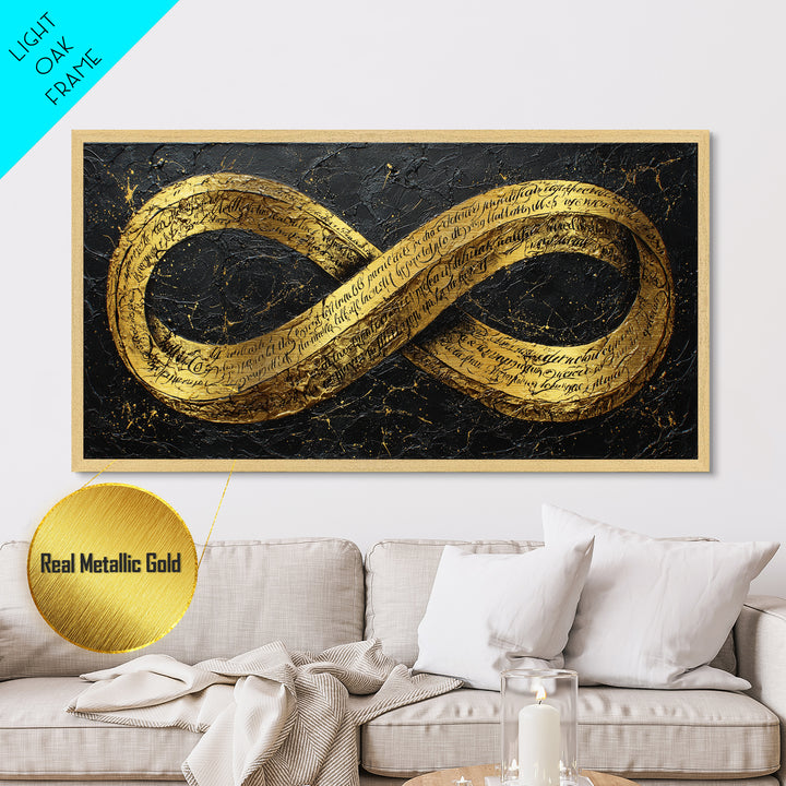 Infinity Symbol With Script, Metallic Gold Art, Real Wood Frame, Elegant Wall Decor, Modern Abstract Artwork