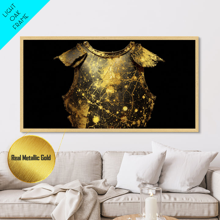 Golden Armor Breastplate, Metallic Gold Metal Print, Real Wood Frame, Medieval Warrior Decor, Historical Art Print