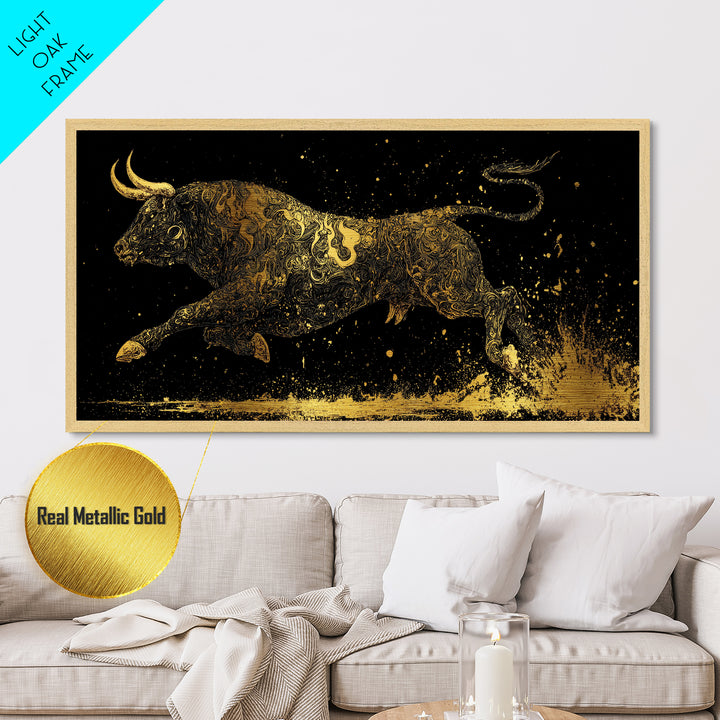 Golden Bull In Motion, Metallic Gold Art, Real Wood Frame, Dynamic Animal Wall Decor, Mythology Inspired Artwork