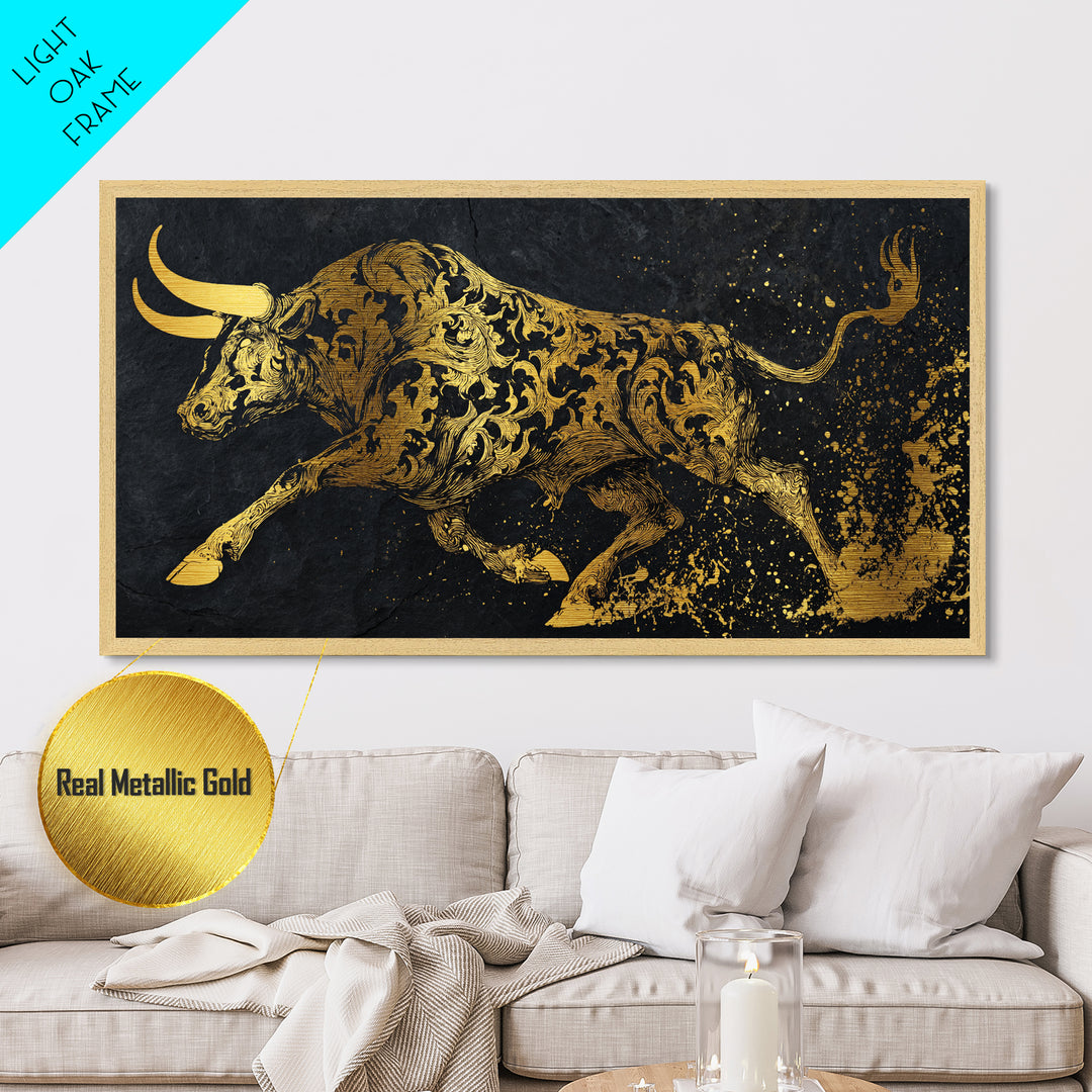 Ornate Golden Bull, Metallic Gold Metal Print, Real Wood Frame, Decorative Animal Artwork, Powerful Bull Illustration