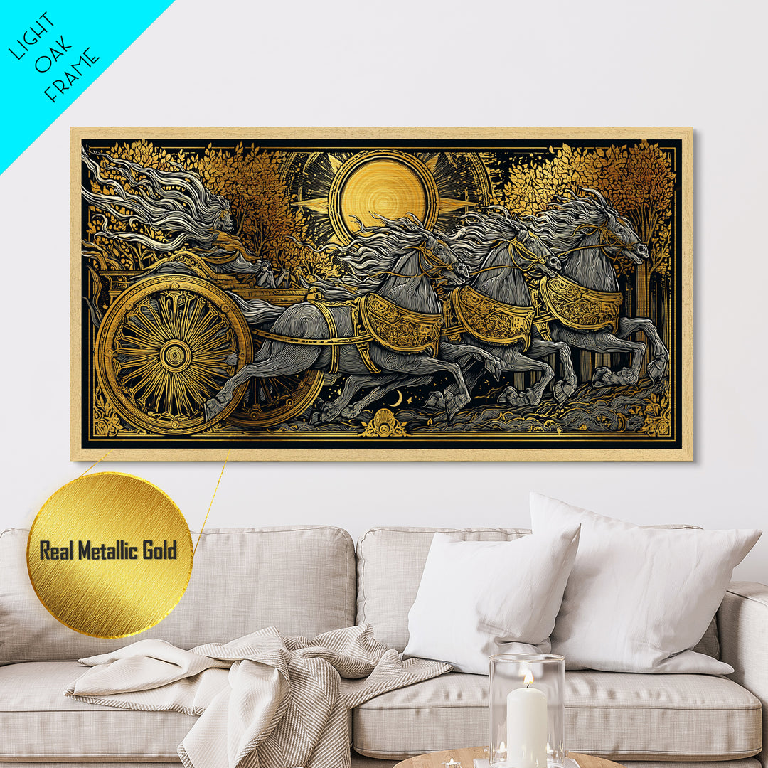 Chariot Of The Dawn, Metallic Gold Art, Real Wood Frame, Mythology Inspired Wall Decor, Horse And Rider Artwork