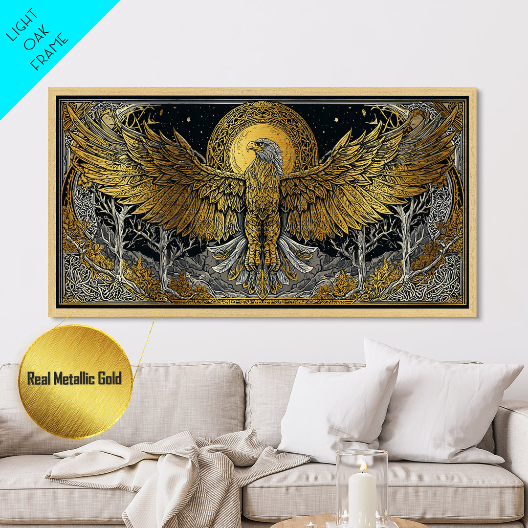 Golden Eagle Over Moonlit Forest, Metallic Gold Art, Real Wood Frame, Intricate Line Art, Majestic Bird Wall Decor