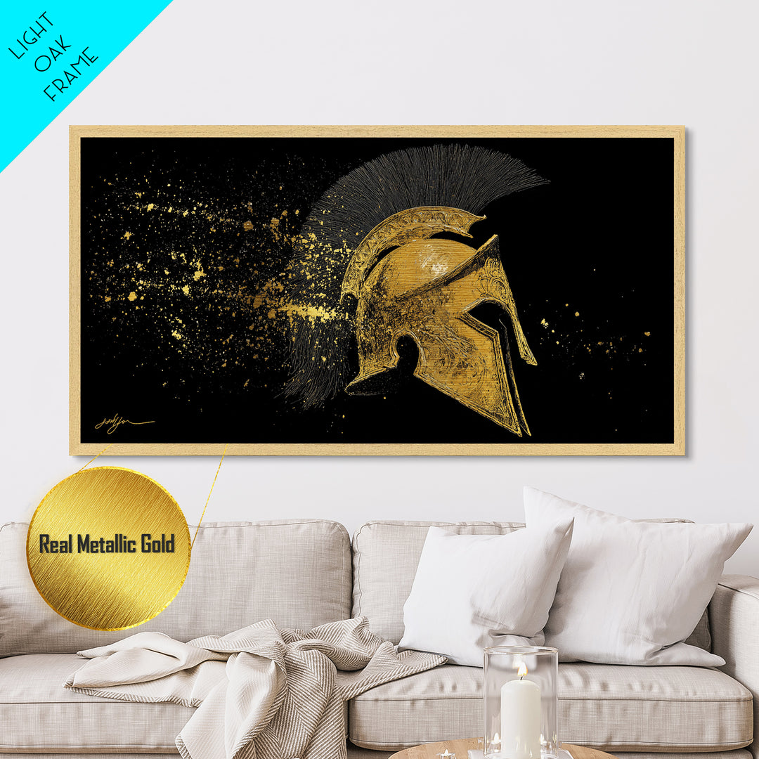 Golden Spartan Helmet, Metallic Gold Art, Real Wood Frame, Splatter Style Warrior Armor, Mythology Inspired Artwork