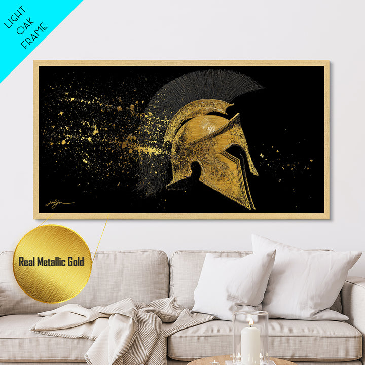 Golden Spartan Helmet, Metallic Gold Art, Real Wood Frame, Splatter Style Warrior Armor, Mythology Inspired Artwork