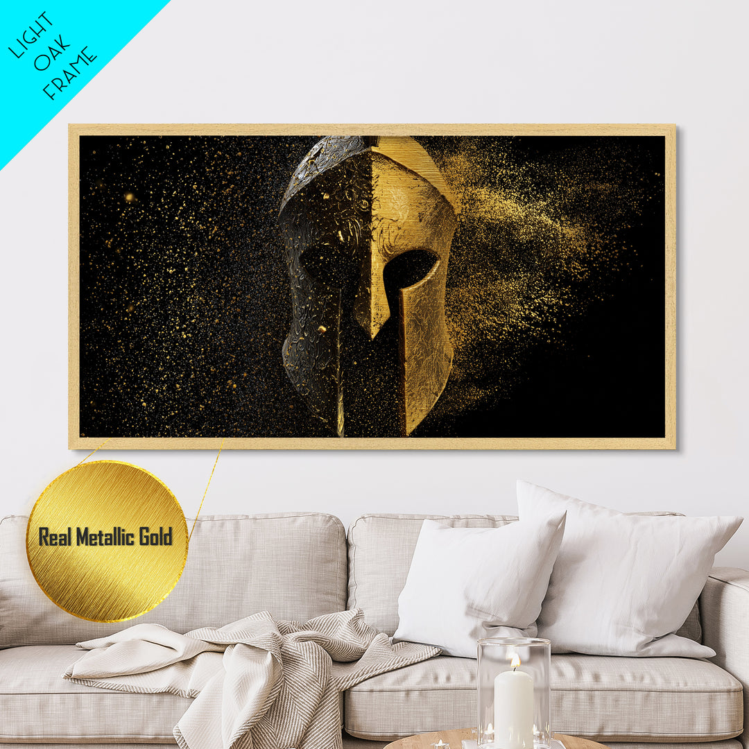 Half Gold Spartan Helmet, Metallic Gold Metal Print, Real Wood Frame, Splatter Style Warrior Armor, Ancient Battle Artwork