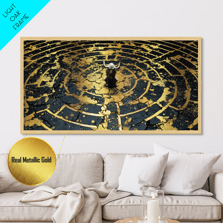 Minotaur In Labyrinth, Metallic Gold Metal Print, Real Wood Frame, Mythology Inspired Wall Art, Ancient Maze Artwork