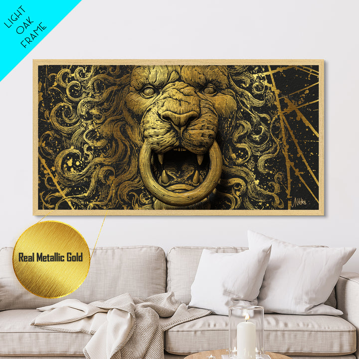 Golden Lion Door Knocker Close Up, Metallic Gold Art, Real Wood Frame, Splatter Style Animal Decor, Regal Lion Artwork