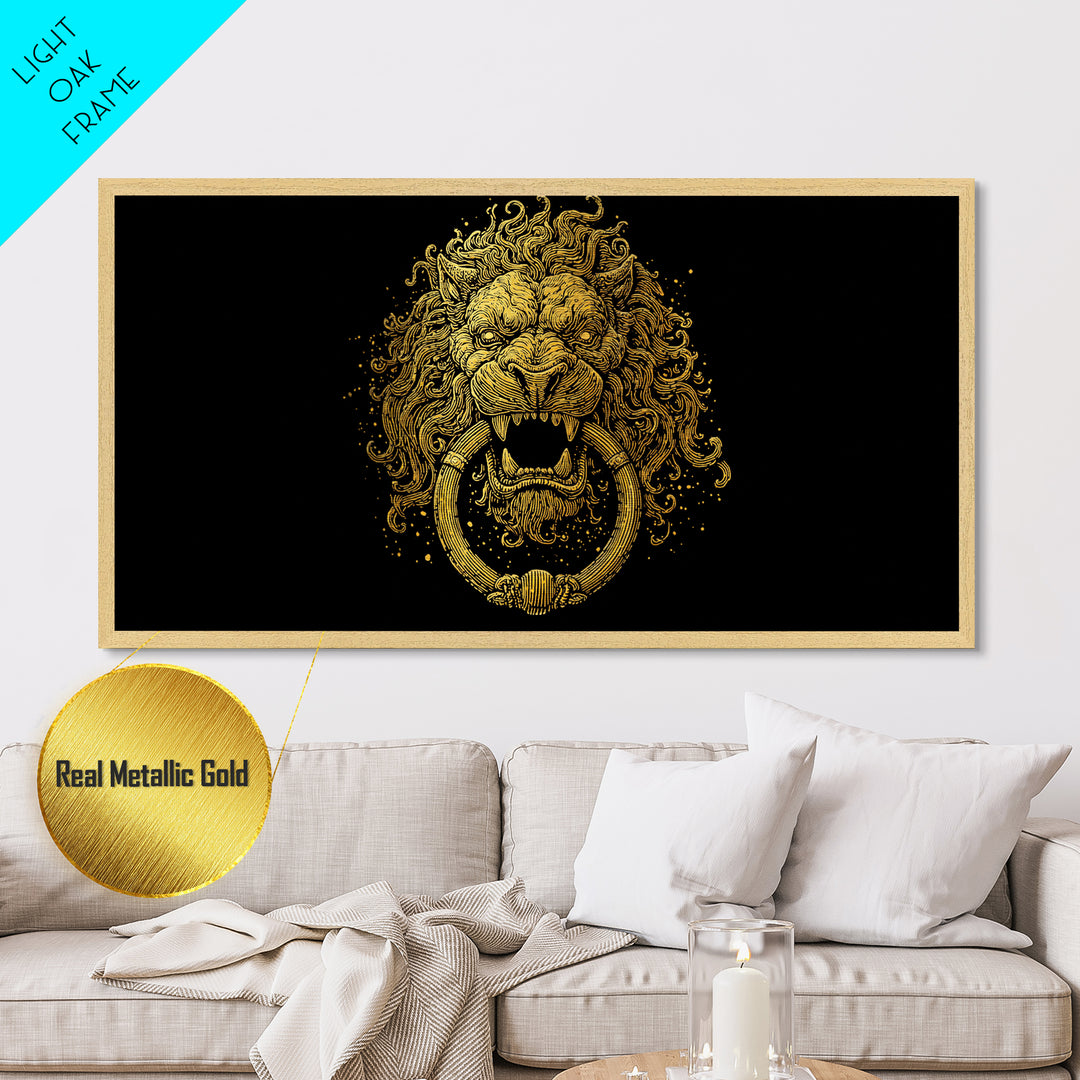 Golden Lion Door Knocker, Metallic Gold Metal Print, Real Wood Frame, Majestic Animal Wall Art, Regal Gold Illustration