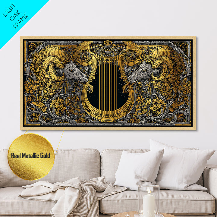 Ornate Ram Lyre, Metallic Gold Metal Print, Real Wood Frame, Mythology Inspired Musical Art, Classical Decorative Artwork