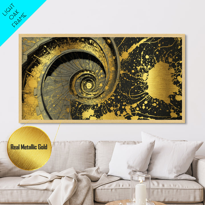 Golden Spiral Staircase, Metallic Gold Art, Real Wood Frame, Splatter Style Abstract Design, Modern Wall Decor