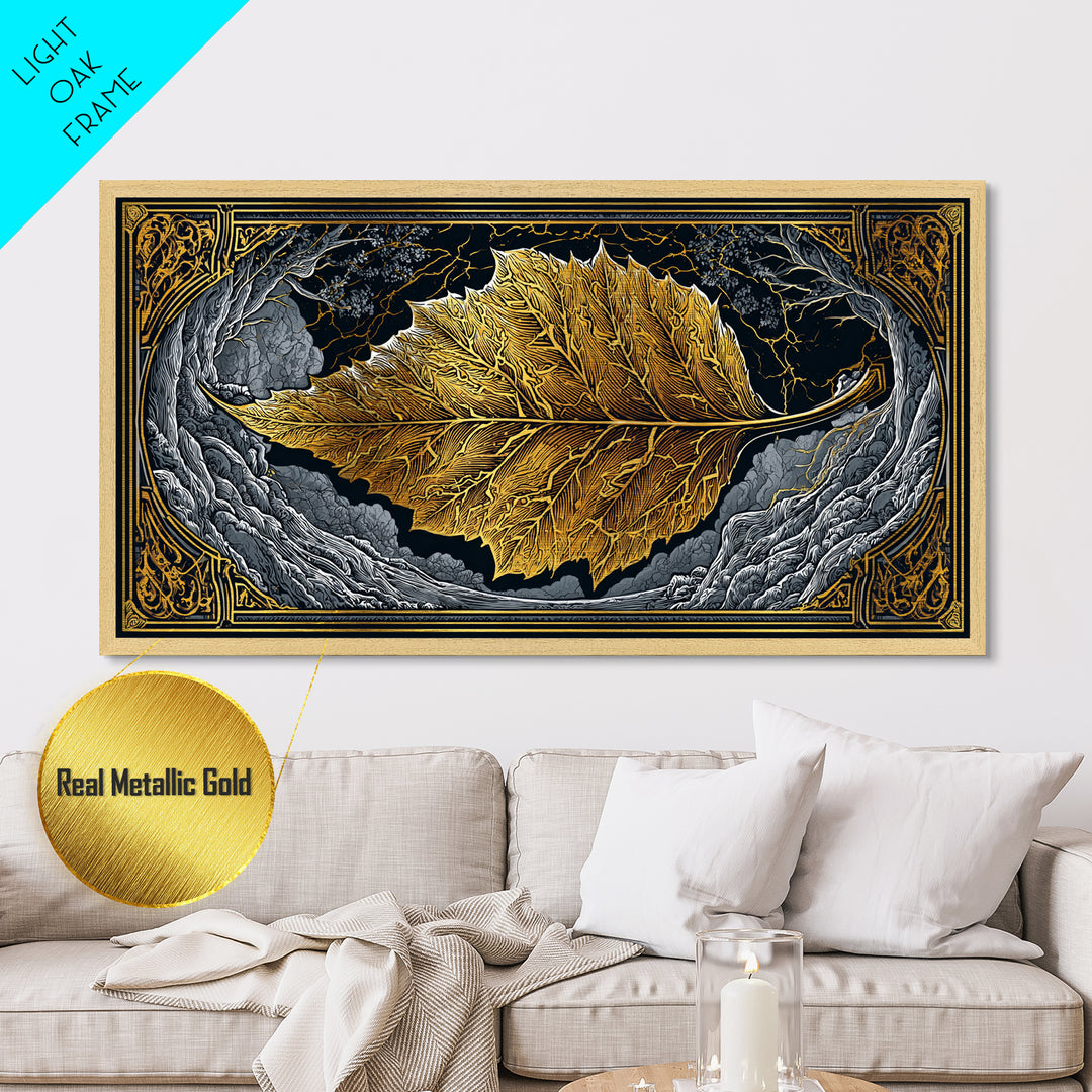 Golden Leaf In Ornate Frame, Metallic Gold Metal Print, Real Wood Frame, Botanical Wall Art, Nature Inspired Decor