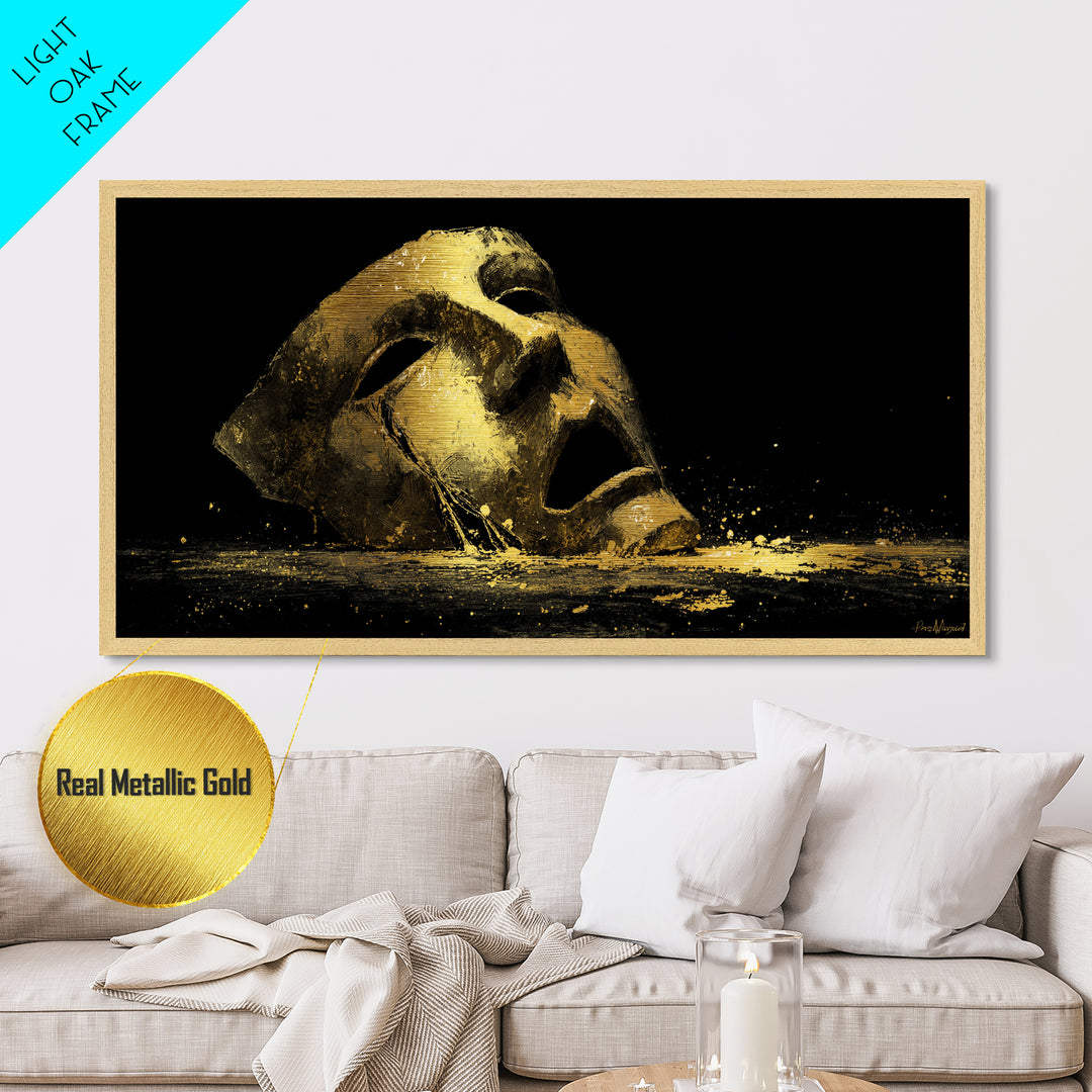 Golden Theatrical Mask, Metallic Gold Metal Print, Real Wood Frame, Dramatic Abstract Artwork, Expressive Wall Art