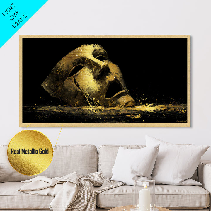 Golden Theatrical Mask, Metallic Gold Metal Print, Real Wood Frame, Dramatic Abstract Artwork, Expressive Wall Art