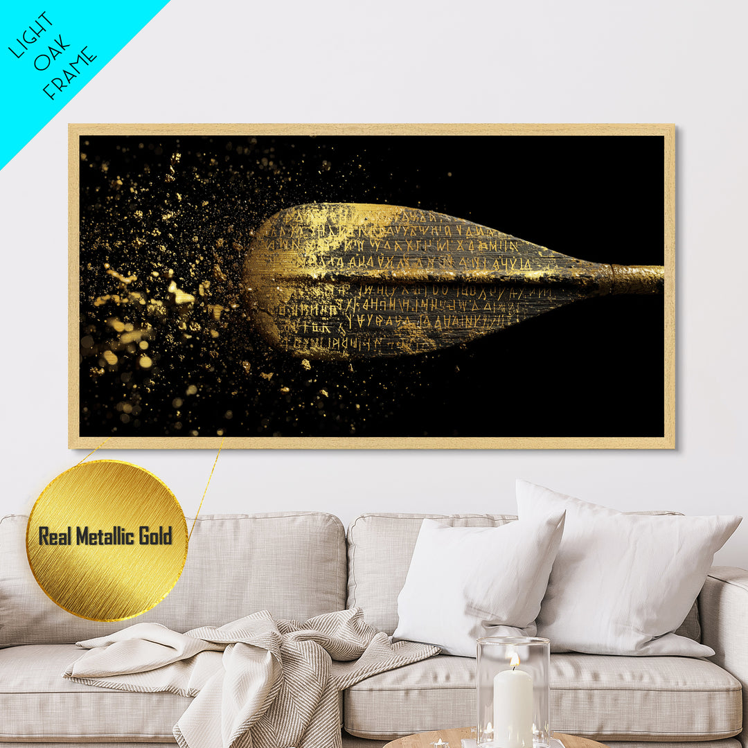 Ancient Golden Spear Tip, Metallic Gold Art, Real Wood Frame, Splatter Style Weapon Artwork, Mythology Inspired Decor