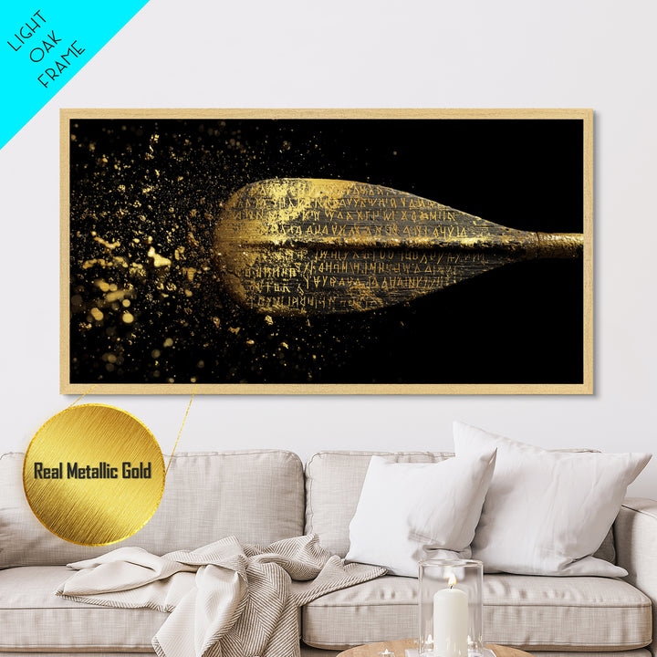 Ancient Golden Spear Tip, Metallic Gold Art, Real Wood Frame, Splatter Style Weapon Artwork, Mythology Inspired Decor