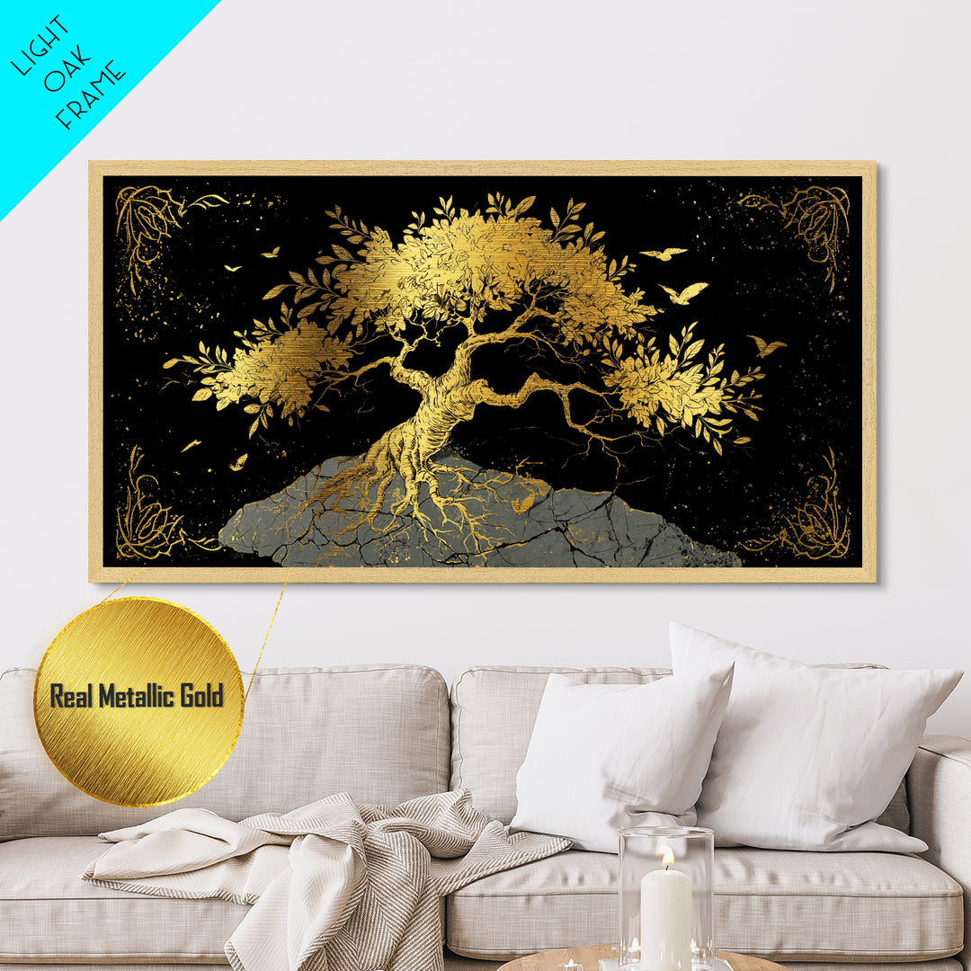 Metallic Gold Tree of Life Artwork, Intricate Roots and Leaves, Wood Framed Map Wall Art for Home or Office Décor