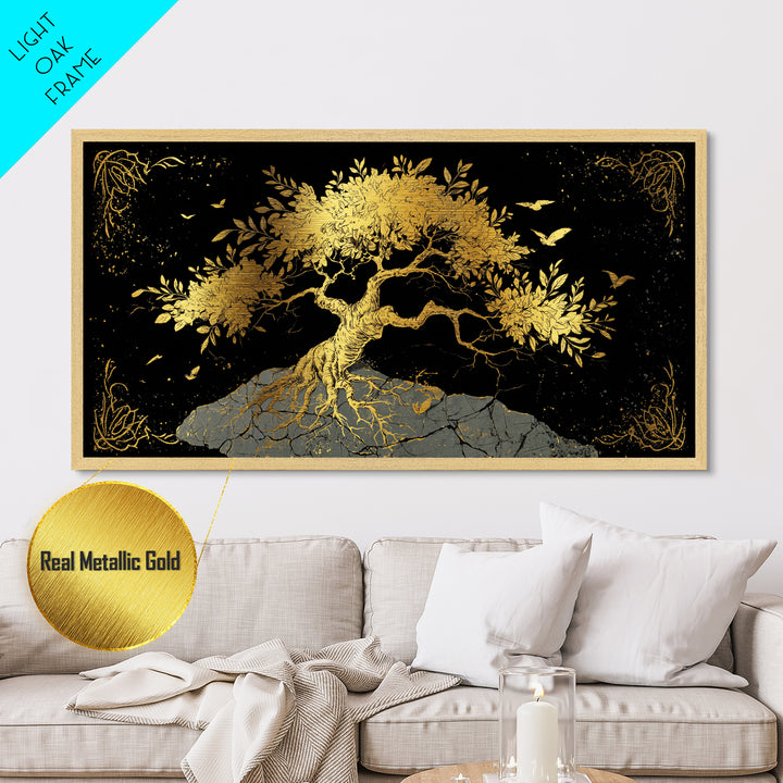 Metallic Gold Tree of Life Artwork, Intricate Roots and Leaves, Wood Framed Map Wall Art for Home or Office Décor