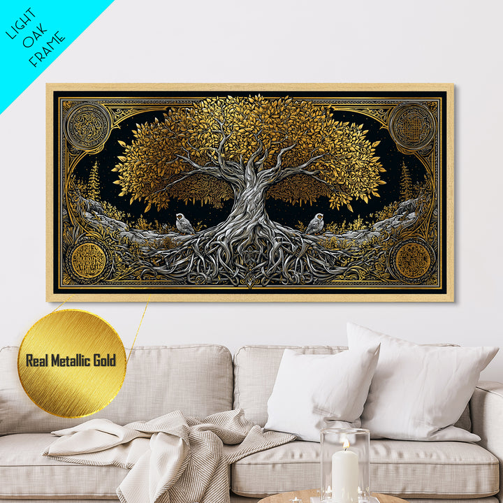 Metallic Gold Ancient Tree Design with Owls, Ornate Border, Wood Framed Map Wall Art for Classic and Nature-Inspired Spaces