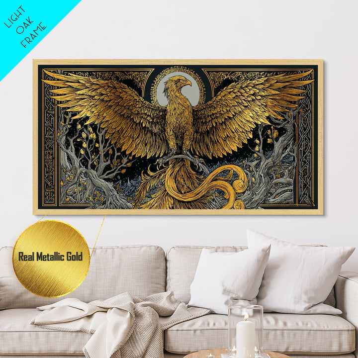 Metallic Gold Phoenix Rising Illustration, Majestic Wings, Wood Framed Map Wall Décor for Myth and Fantasy Art Lovers