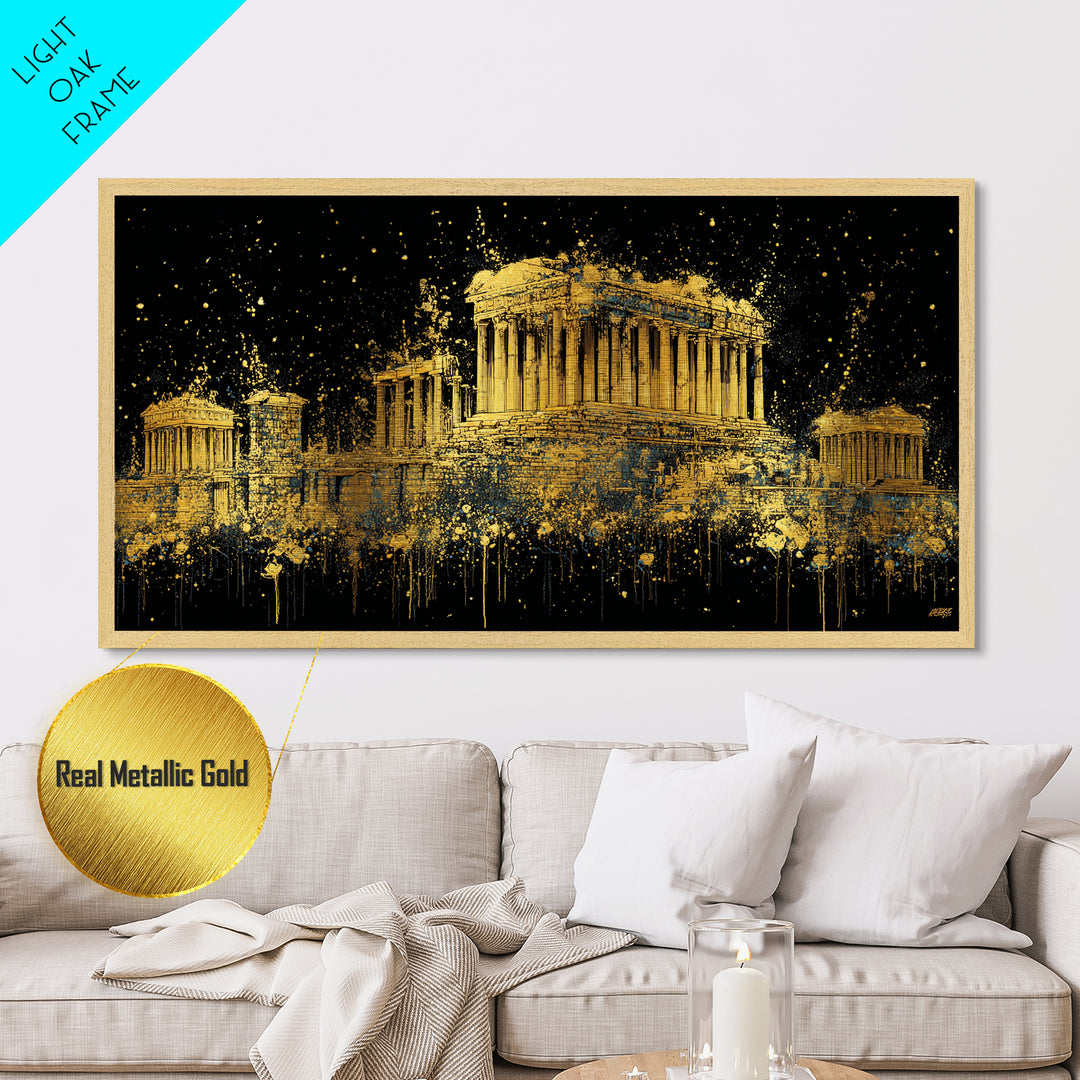 Metallic Gold Parthenon Greece Architecture Print, Splatter Art Style, Wood Framed Map Wall Art for Travel and History Fans