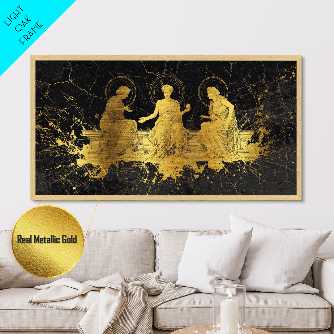 Metallic Gold Greek Goddesses Seated in Elegant Marble Scene, Wood Framed Map Wall Décor for Classical Art and Mythology Lovers