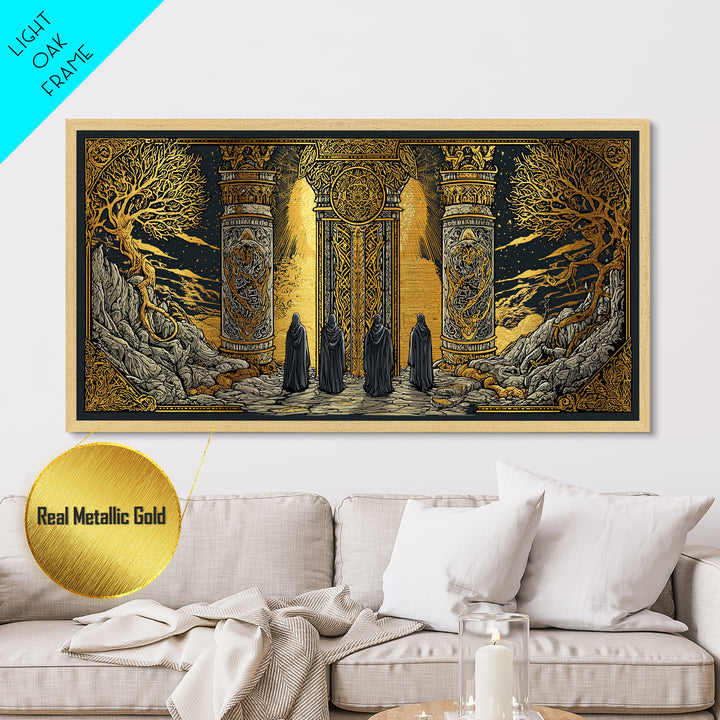Metallic Gold Fantasy Portal Artwork, Glowing Pillars and Trees, Wood Framed Map Wall Décor for Magical and Epic Settings