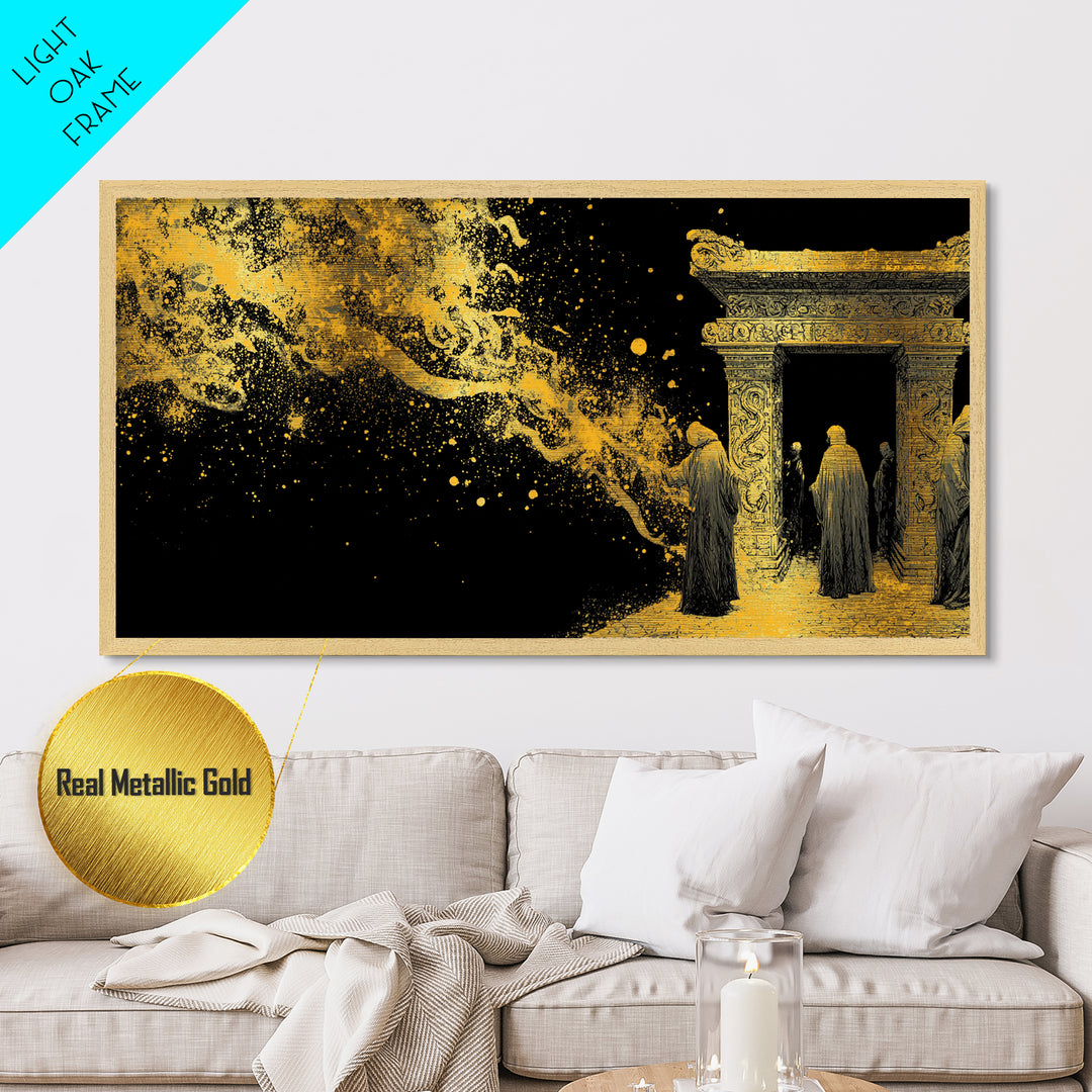 Metallic Gold Ancient Gate Scene, Robed Figures and Ornate Carvings, Wood Framed Map Wall Art for Mystery and Fantasy Lovers
