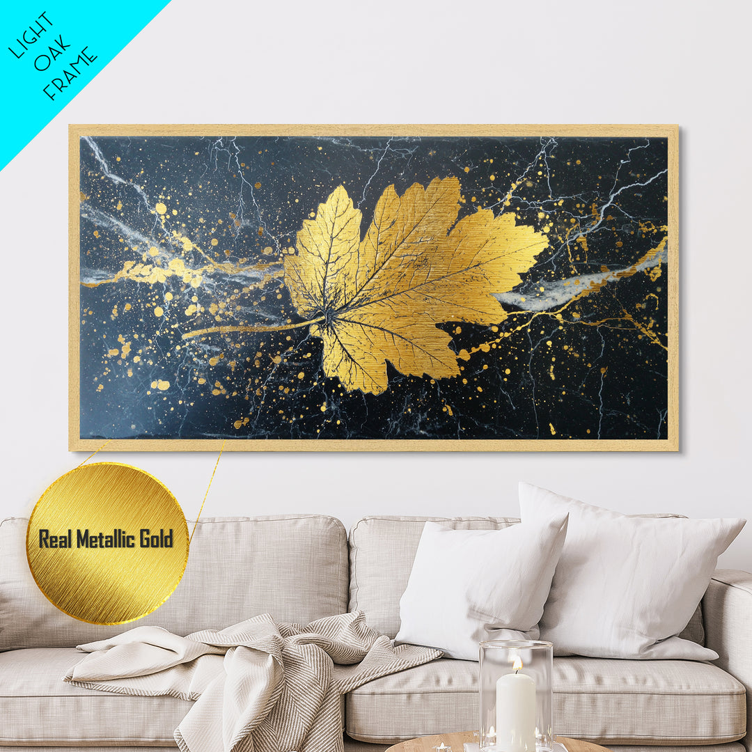 Golden Maple Leaf On Black, Metallic Gold Art, Real Wood Frame, Splatter Style, Nature Wall Decor, Leaf Print